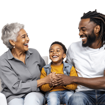 A family sitting on a couch laughing together png