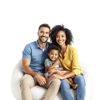 A man and woman sitting on a couch with a child png