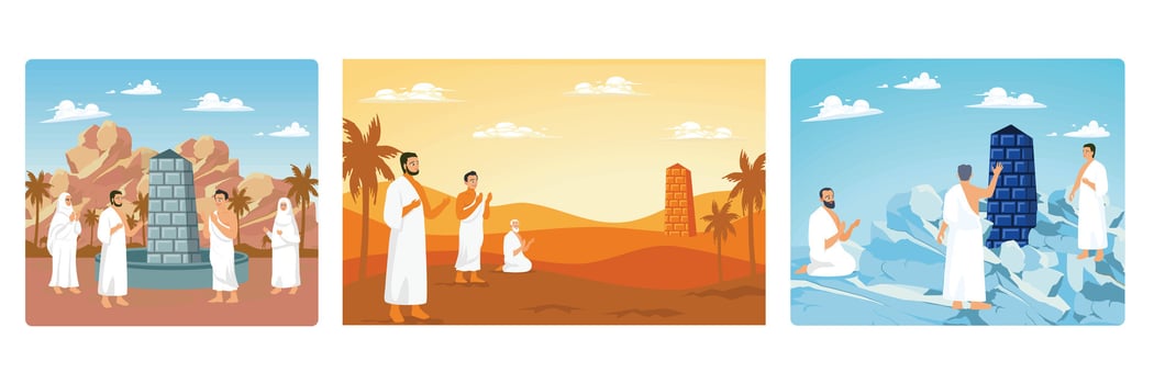 Hajj pilgrims carry out the Hajj rituals, perform wukuf or remain silent on Arafah. vector