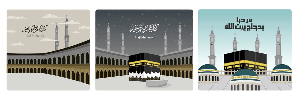 Hajj Mubarak greeting cards featuring the Grand Mosque, Kaaba, minarets and domes. vector