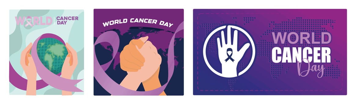 World Cancer Day banner with holding hands and cancer awareness ribbon. vector