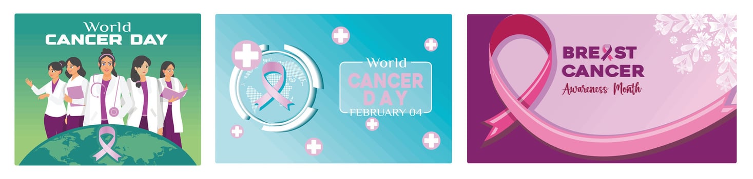 Breast cancer awareness month banner with female doctor, pink ribbon, and health symbols. vector