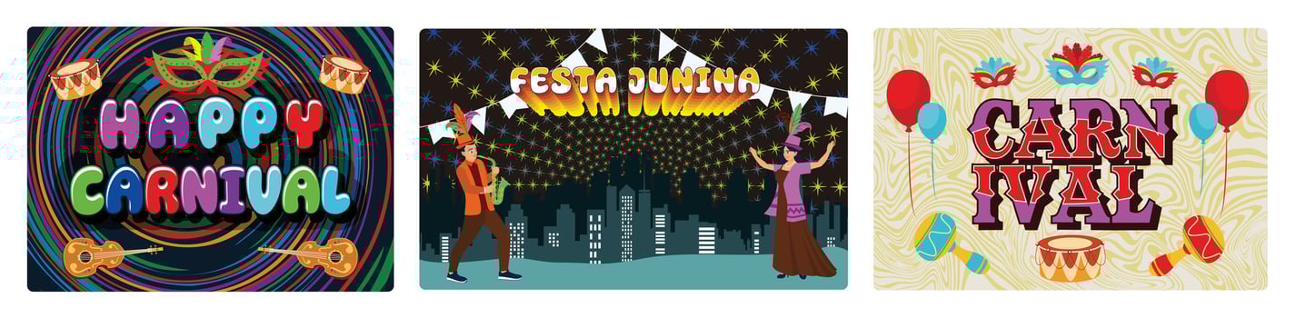 Colorful traditional Brazilian carnival celebration with masks, musical instruments, and dancers. vector