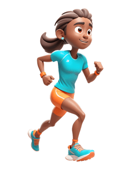 A cartoon girl running in a blue shirt and orange shorts png