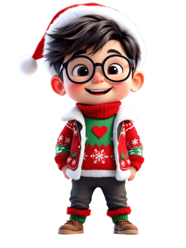 A cartoon boy wearing glasses and a christmas sweater png