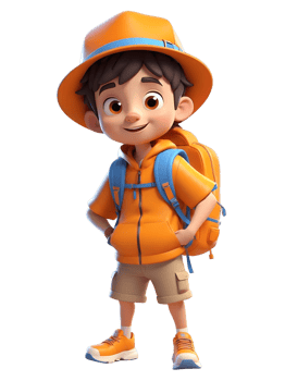 A cartoon boy wearing an orange hat and backpack png