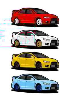 illustration of a colorful japanese sports sedan racing car with racing wheels vector