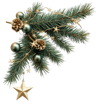 Christmas Pine Branch with Golden Ornaments and Festive Decorations png