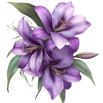 Vibrant Purple Lilies with Green Leaves on png