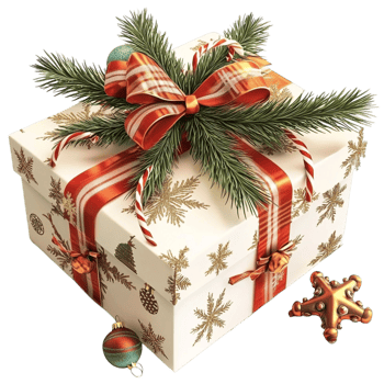 Christmas Gift Box with Pine Branch and Golden Decorations on png
