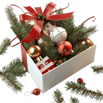 Christmas Gift Box with Red Bow and Festive Decorations on png