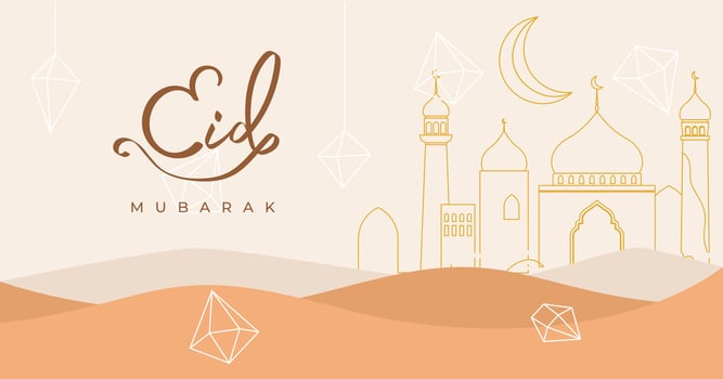 Eid mubarak background design, mosque with moon and diamond vector