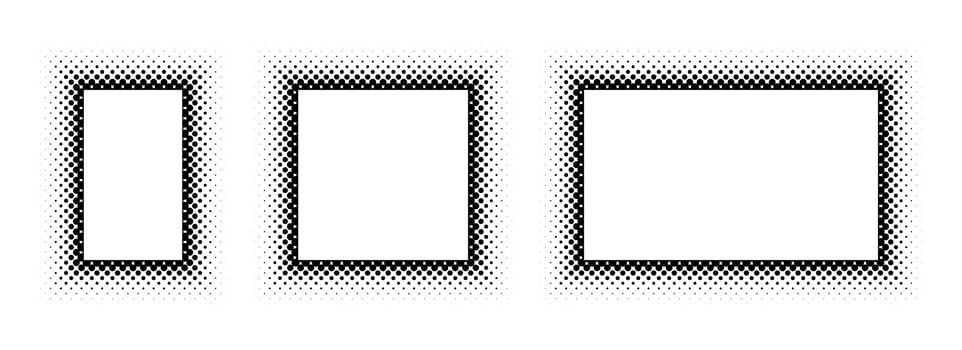Black halftone rectangle frame set. Dotted gradient border collection. Pop art comic dot picture holder design for banner template, copy space, emblem, poster element. Rasterized framing back vector