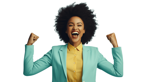 Cheering Black Businesswoman Posing on Transparent Background png