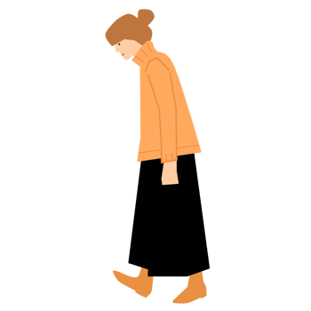 A woman walking in a black and orange jacket png