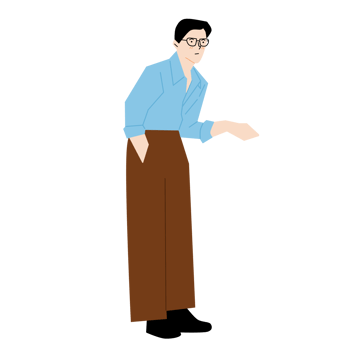 A man in a blue shirt and brown pants png