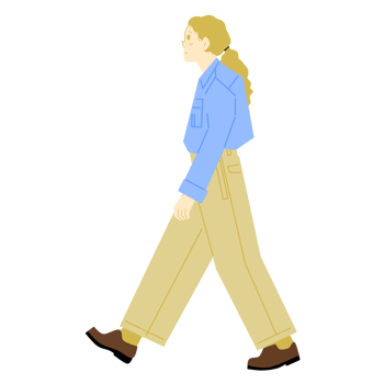 A woman walking in a blue shirt and tan pants png