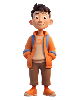 A cartoon boy in an orange jacket and brown pants png