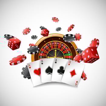 Casino roulette wheel with chips poker, playing cards and red dice on abstract background vector