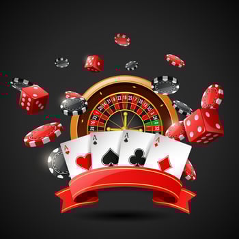 Casino roulette wheel, chips poker, playing cards and red dice with red ribbon. Illustration vector