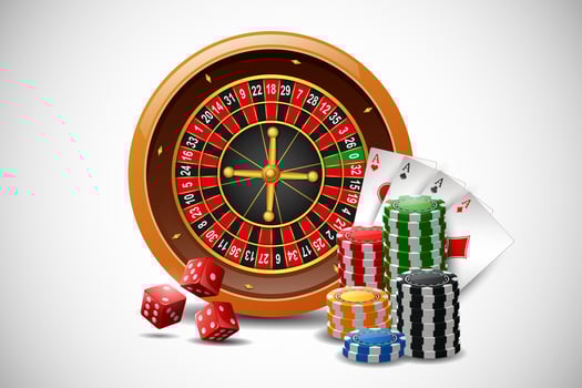 Casino roulette wheel with chips poker, playing cards and red dice abstract background vector