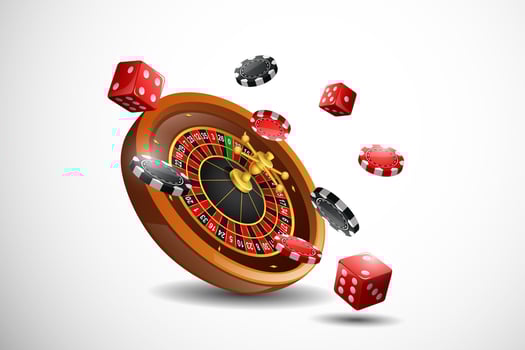 Casino roulette wheel with chips poker and red dice vector