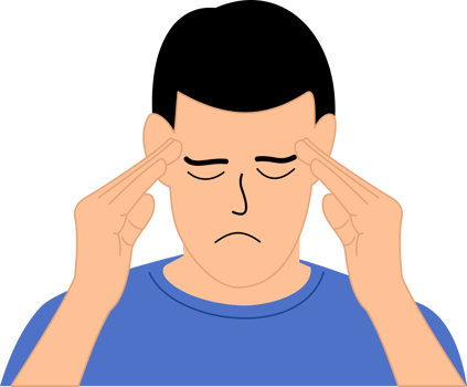 young man suffering from severe headache pressing fingers to temples with closed eyes. A young man holds his head due to illness or stress png