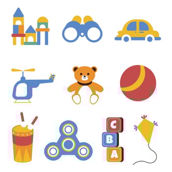 Colorful toys including building blocks, binoculars, and teddy bear shown flat lay style. Great as educational illustration and children creative fun concept. vector