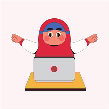 Muslim Girl Student Watching Laptop Cartoon Character Illustration vector