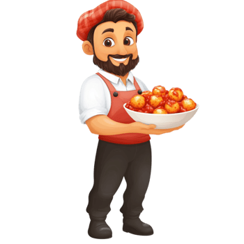 Cartoon chef holding a tray of delicious orange sweets png