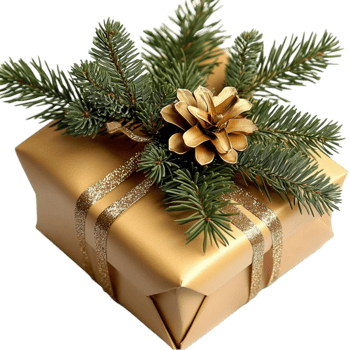 Shiny Gold Gift Box with Green Christmas Bow and Pine Branches png