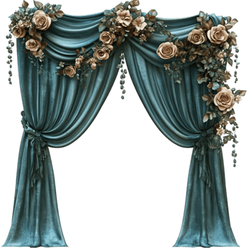 Luxury Venetian masquerade curtain with teal drapes and golden embellishments png