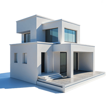 beautiful contemporary Modernist villa, white concrete, minimalist design, clear blue sky, crisp shadows, architectural photography, high quality png