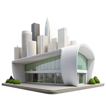 dramatic vintage Modern art museum, sleek white concrete, large glass windows, city skyline backdrop, contemporary, detailed png