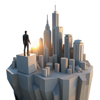 beautiful minimalist A solitary figure standing on the edge of a cliff, overlooking a futuristic city, melancholic, sunset lighting, dystopian style high resolution png