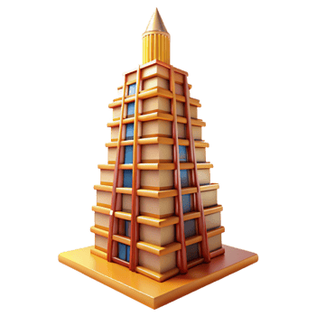 elegant vintage A towering skyscraper made entirely of books, warm interior lighting, whimsical, intricate details, authentic png