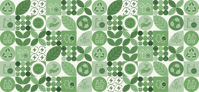 Recycling day. concept for world environment and sustainable development, recycling symbols, bins, plastic bottles, and carbon emission reduction. Illustrated with green pattern natural shapes. vector
