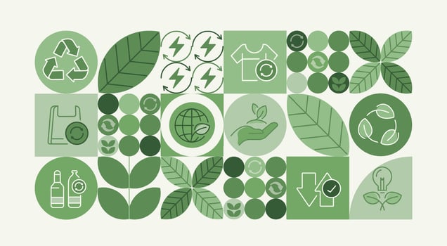 Recycling day. concept for world environment and sustainable development, recycling symbols, bins, plastic bottles, and carbon emission reduction. Illustrated with a green pattern natural shapes vector