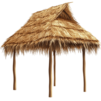 Wooden thatched roof hut on tropical village shelter png