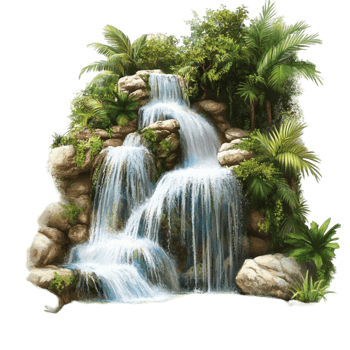 Waterfall with green plants and rocks on natural landscape scenery png