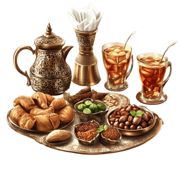 Traditional Arabic tea set with sweets and nuts on Middle Eastern hospitality png