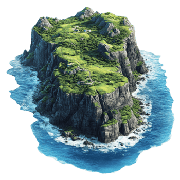 Rocky island with lush green vegetation surrounded by blue ocean on tropical landscape png
