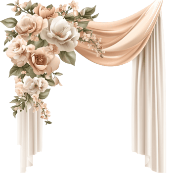 Wedding arch with beige drapes and floral arrangement on elegant ceremony decor png