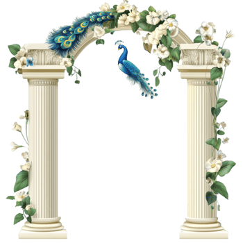 Wedding arch with white columns green vines and peacock on elegant floral ceremony decor png