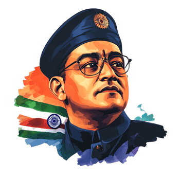 Portrait of Indian freedom fighter Netaji Subhas Chandra Bose with Indian flag on historical figure png