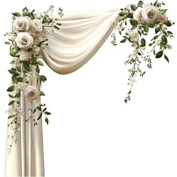 Elegant white drapery with green floral garland on wedding arch decoration png