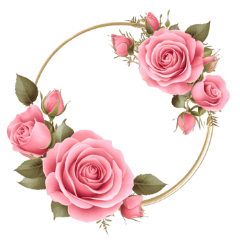 Floral frame with pink roses and green leaves on decorative wreath png