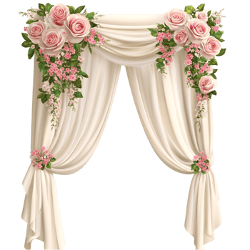 Wedding floral arch with pink roses and beige curtains on elegant decoration png