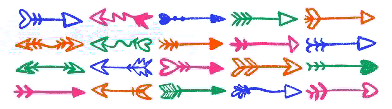 Set of doodle arrows with decoration with crayon, pastel or chalk texture. Cute hand drawn elements. Color illustration isolated on a white background. vector