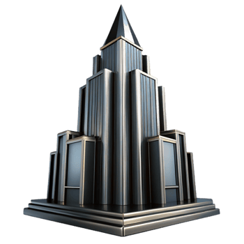 serene creative Art Deco skyscraper, chrome and black glass, sharp lines, volumetric lighting, high contrast, high quality png